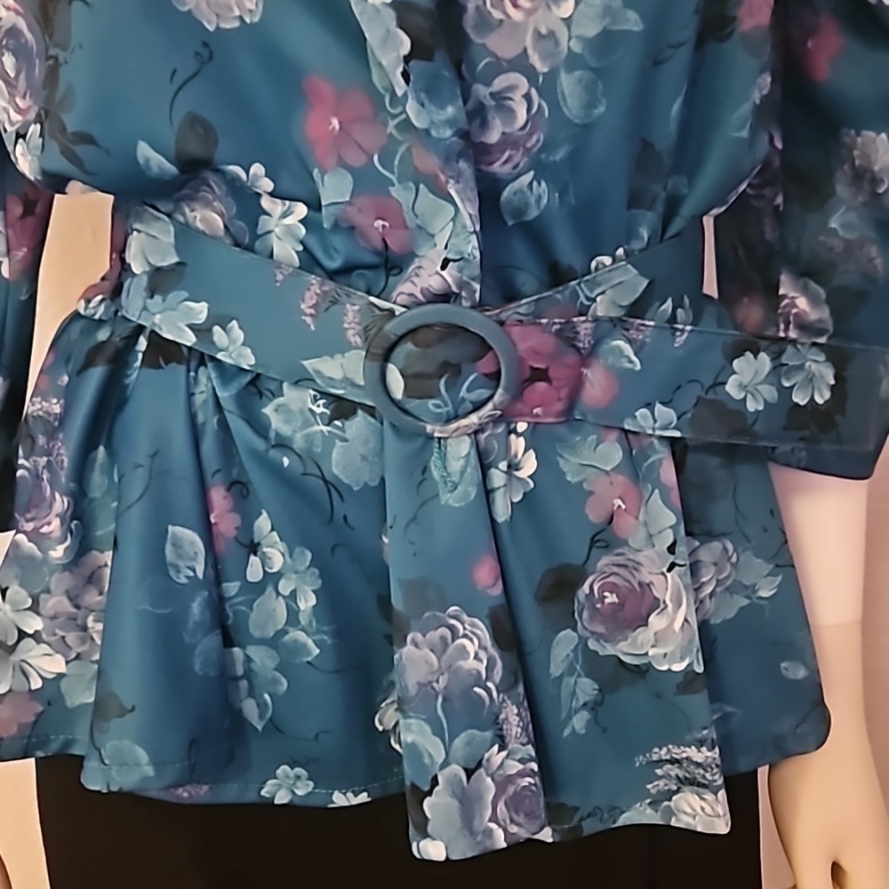 VTG 1980s TABBY Teal Floral Surplice Belt Waist Peplum Castlecore Blouse - Picture 4 of 8